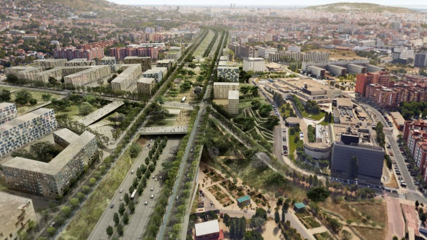 Recreació del sector de TV3. Vista direcció Barcelona. A la dreta, els estudis de TV3, l’hotel Ibis i l’Hespèria. A l’esquerra, les Basses de Sant Pere.